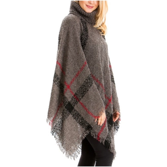 040 Cozy Turtleneck Plaid Frayed Hem Poncho - Picture 15 of 16
